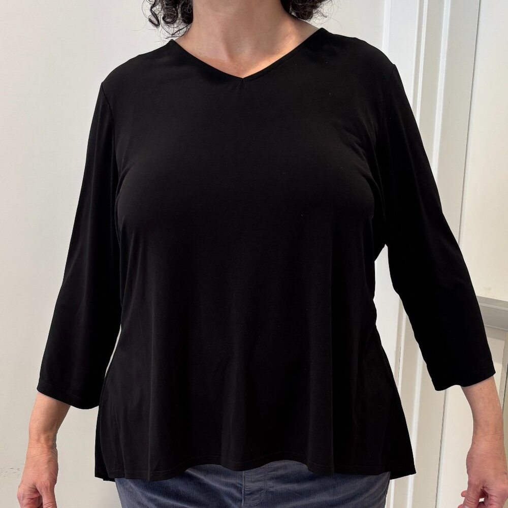 Black Susan Graver Liquid Knit tunic, 3/4 sleeves, high-low hem, XL